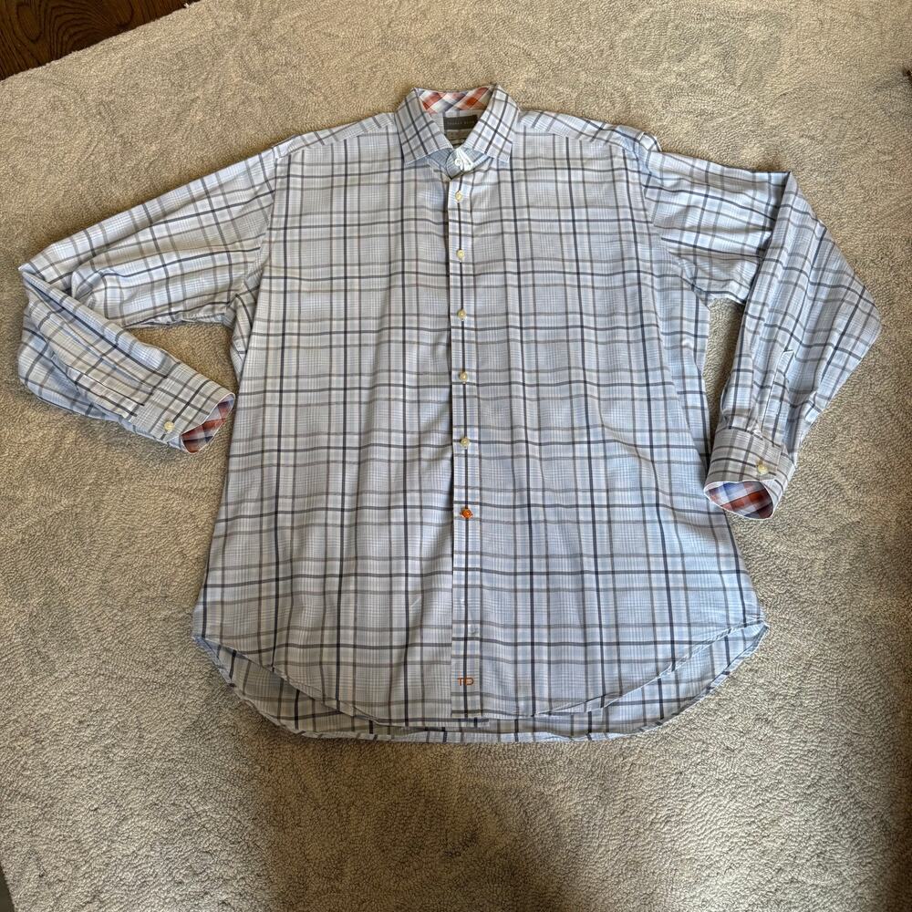 Thomas Dean Men's Blue Plaid 100% Cotton Button Up Shirt Size XL Flip Cuff